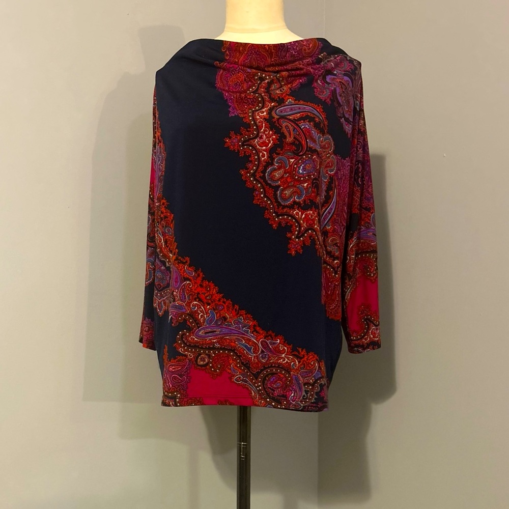 JONES NY navy/multicolor paisley scoop neck shirt size M